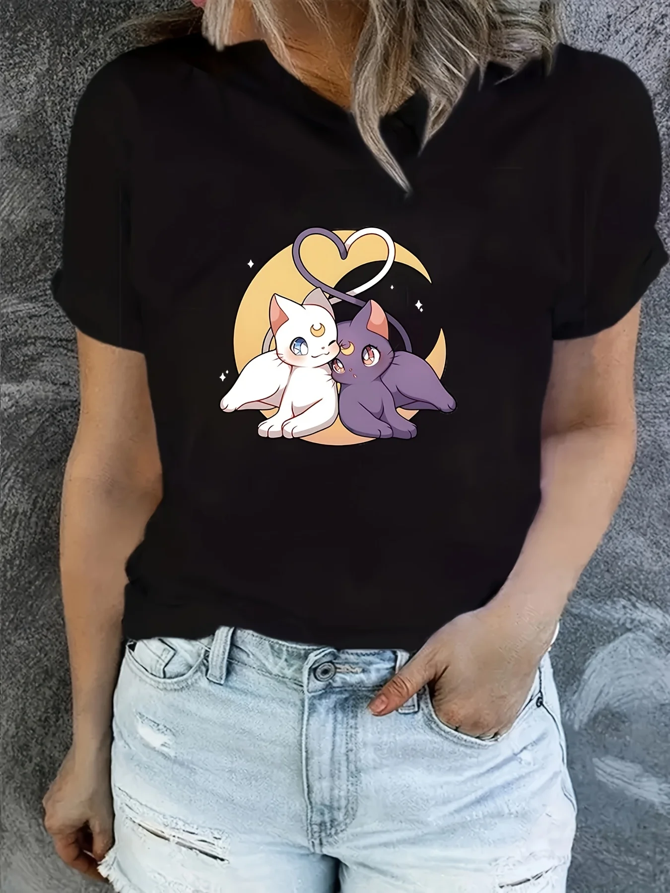 Women's Elegant Trendy T-Shirt with White Purple Cat Duo Moon & Heart Print Fashion Harajuku Kawaii T-shirt Women's Y2K Clothing