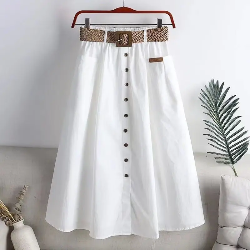 

Washed pure cotton summer Korean elastic high-waisted skirt, thin, medium and long A-shaped skirt tide