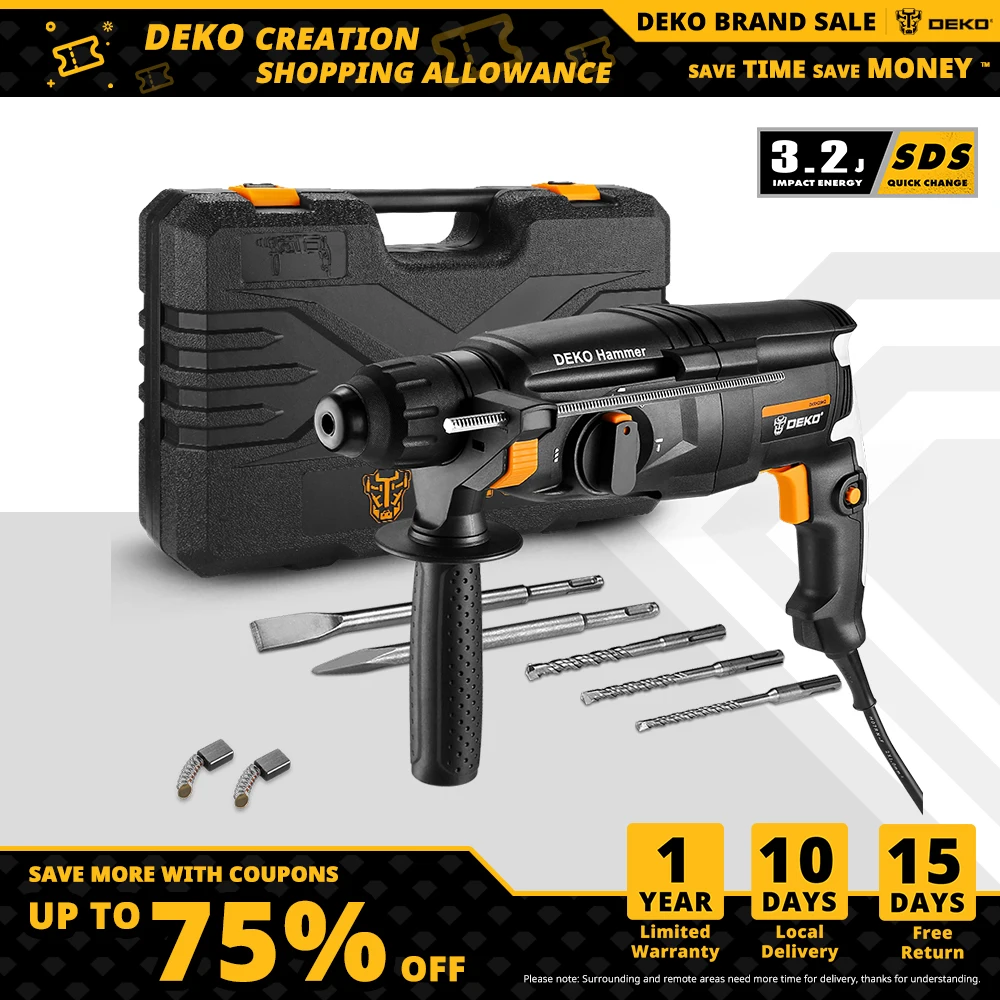 DEKO DKRH26H2 Multifunctional Rotary Hammer with BMC&6pcs Accessories Electric Demolition Hammer Impact Drill Punch Power Tools