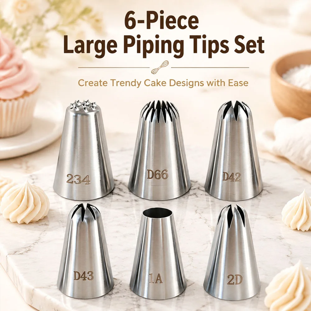 6Pcs Large Flower Star Round Icing Piping Tips Stainless Steel Nozzles Cake Cupcake Decorating Home Baking Accessories Supplies