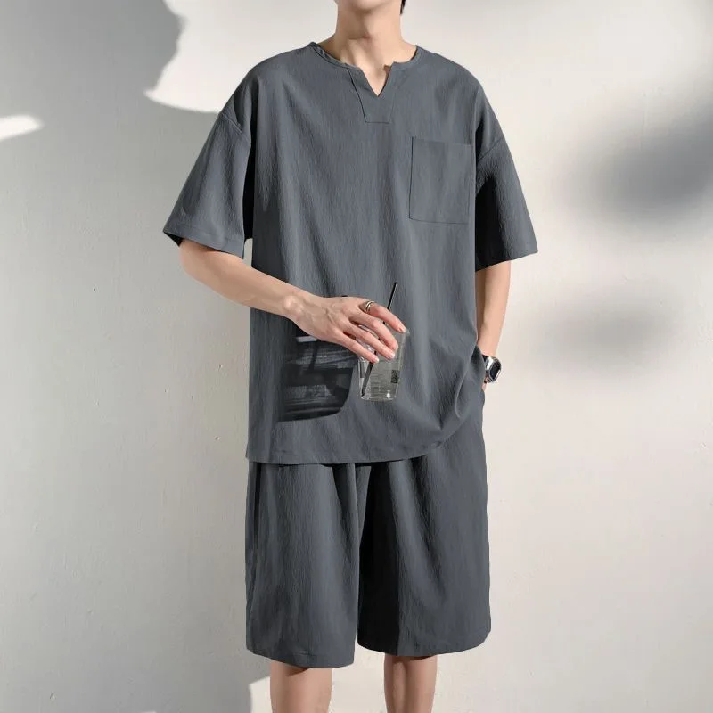 Large 300 jin summer Chinese wind casual suit men new chinese-style V-neck short-sleeved T-shirt shorts two-piece suit tr