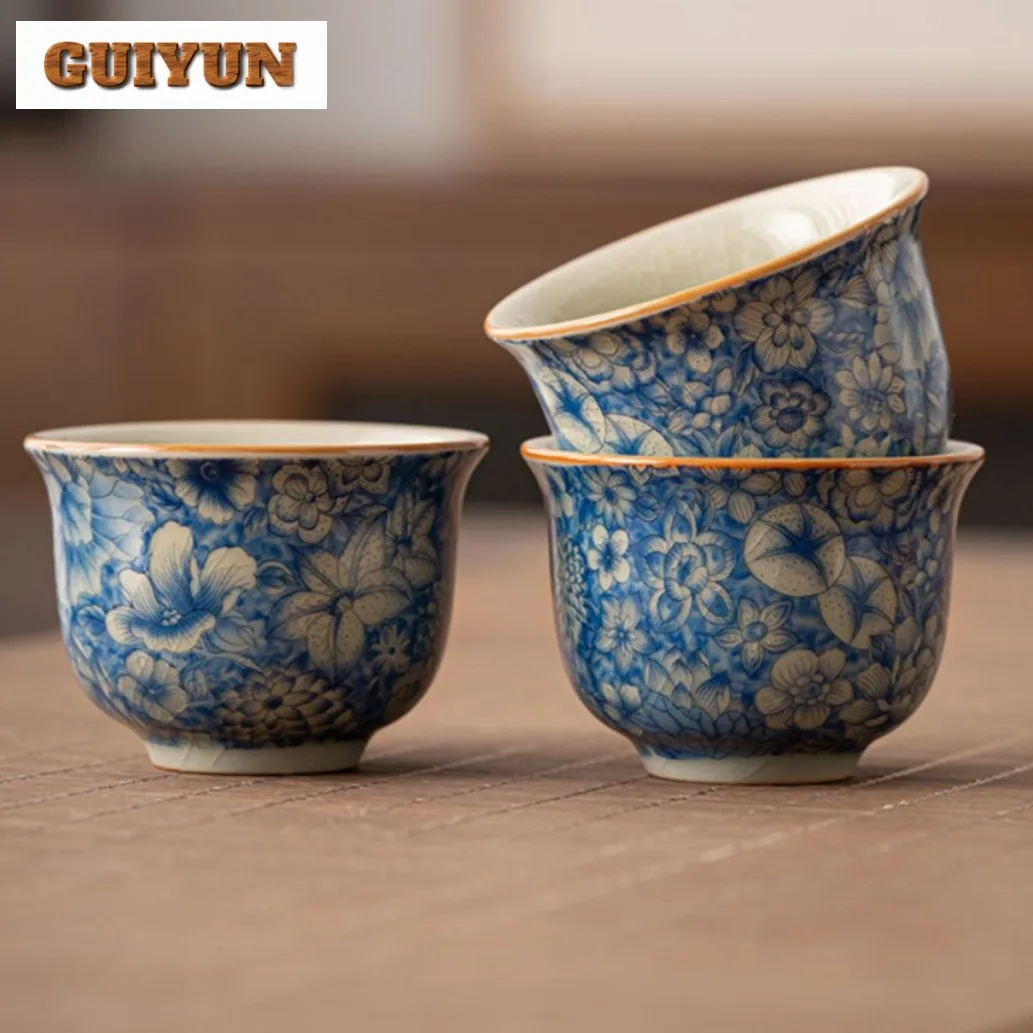 1PCS Chinese Blue and White Ceramic Teacup Anti Scaling Handmade Flowers Porcelain Tea Bowl Travel Meditation Cup Tea Set 70ml