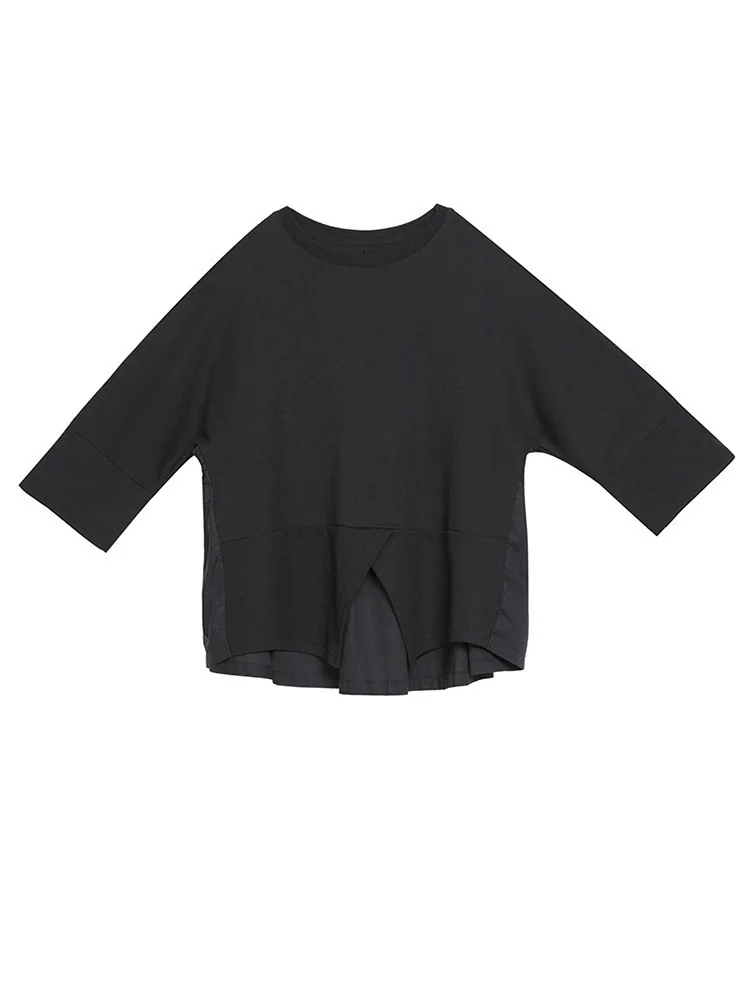 [EAM] Women Black Back Ruffles Big Size Casual T-shirt New Round Neck Three-quarter Sleeve Fashion Spring Autumn 2024 1DF4682