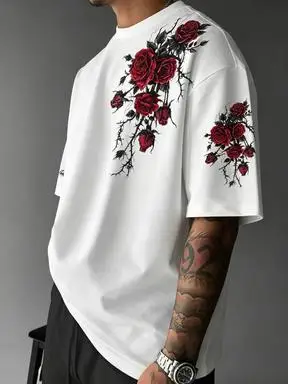 Men's Back Print Thorn Red Rose T-Shirt Black Gothic Dark Streetwear Crew Neck Short Sleeve Casual Top