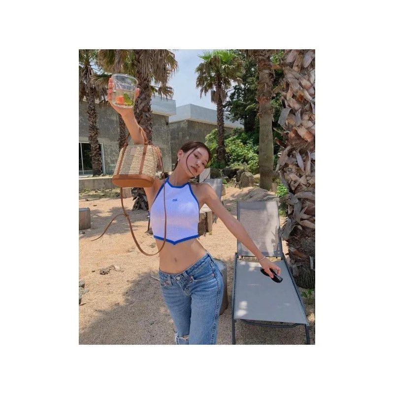 2025 Zomer Nieuwe vrouwen Sexy Pittige Meisje Kleur Blo Ne Opknoping Buik Hoepel Tank Top Faionable En Sli Strap vest