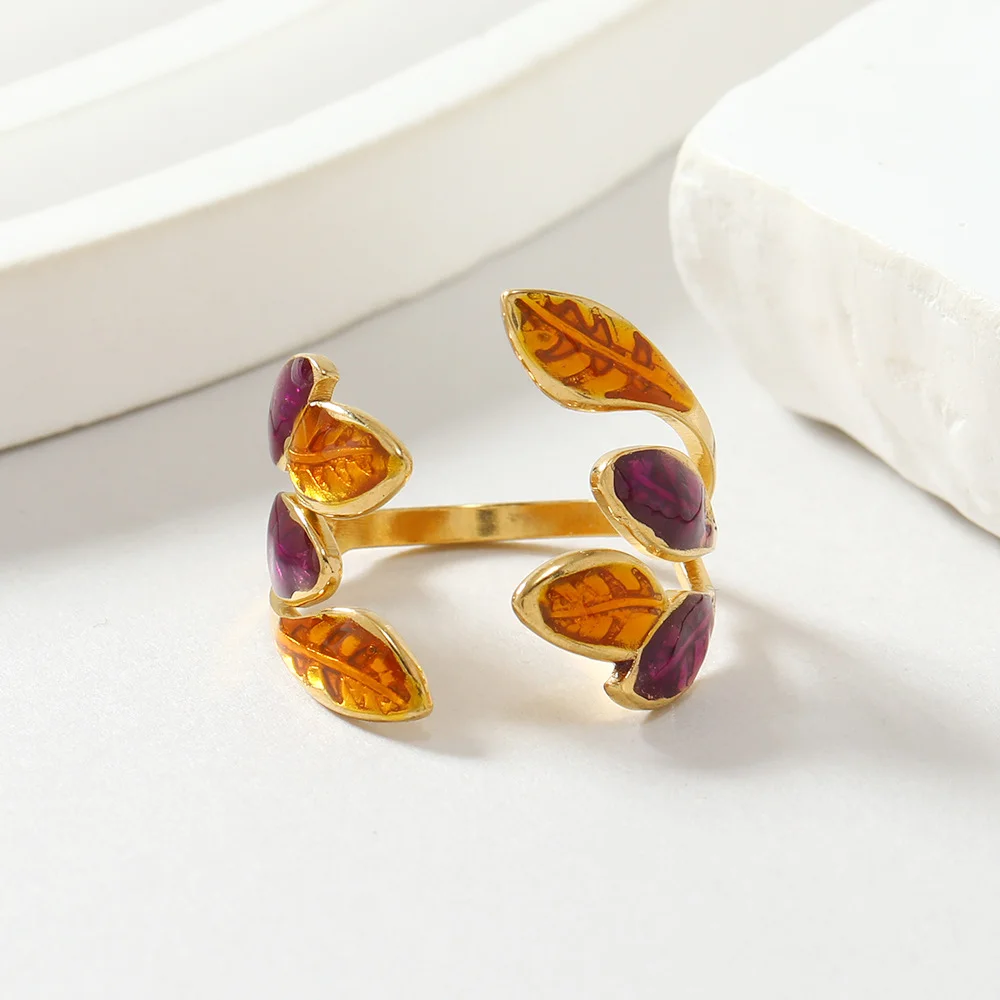 2025 New Luxury Retro Double Color Oil Drip Tree Branch Maple Leaf Stainless Steel Ring Women Men Holiday Party Jewelry Anillo