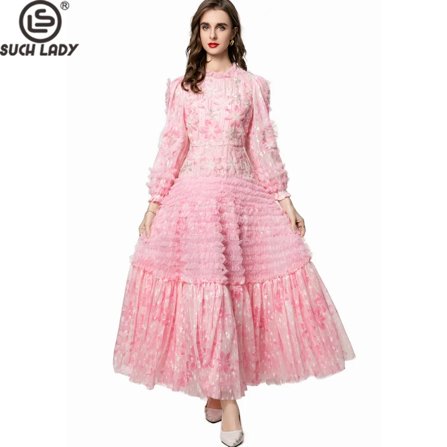 Vestidos femininos o pescoço mangas compridas impresso em camadas babados elegante designer de moda festa vestidos vestido de noite