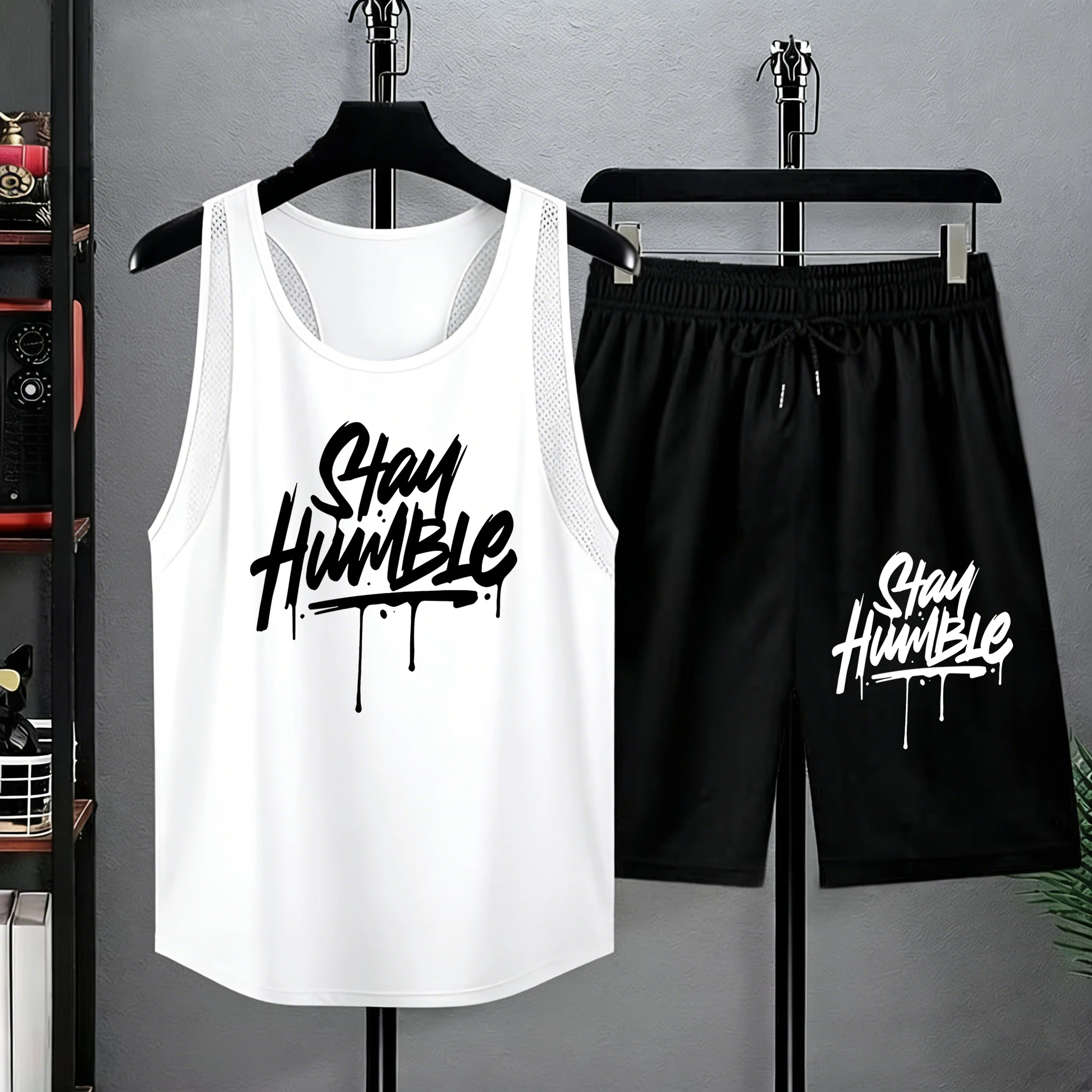 

Stay Humble Slogan Print Man Summer Sport Fashion Short Pants Quick Dry Vest Set Running Classic Sportswear Pocket Beach Shorts