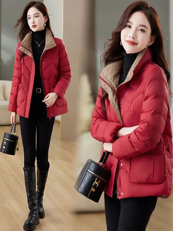 Abrigo acolchado de algodón ligero para mujer, ropa de abrigo de invierno de fibra sintética roja, ajustada, cálida, Sli, color rojo