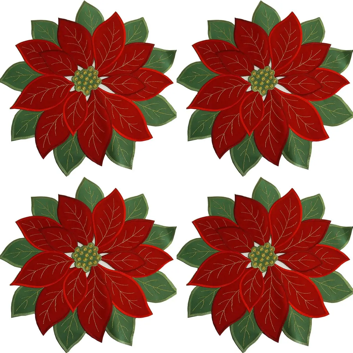 Holiday Christmas Applique Poinsettia Red Green Embroidered Christmas Flower Table Placemat for Home Dinner Xmas Table Top Decor
