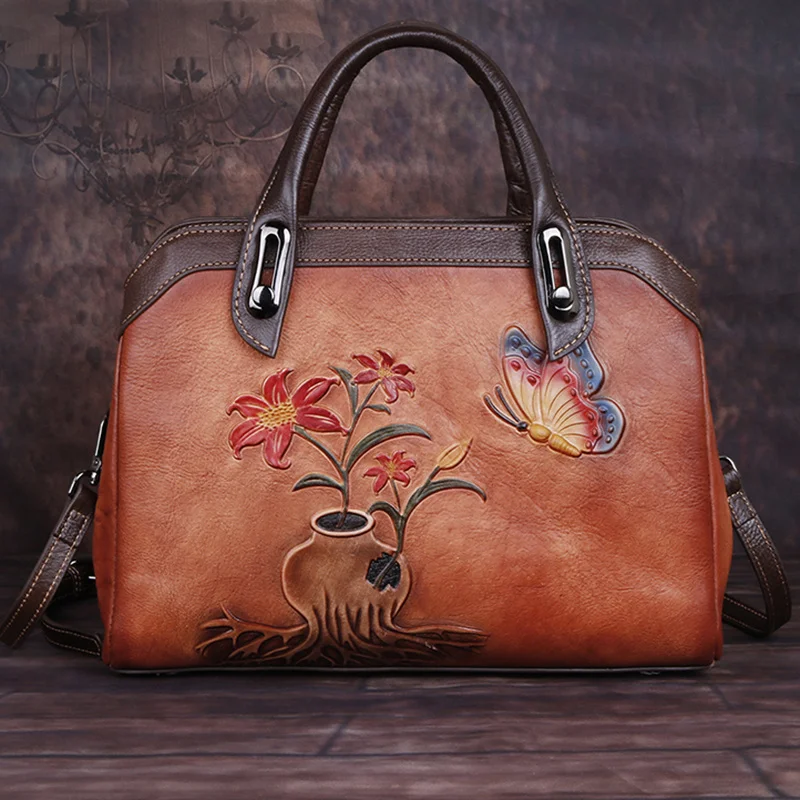 Genuine Leather Handbags and Purses Messenger Top Handle Bags For Women Floral Real Cowhide Female Cross body Shoulder Tote Bag