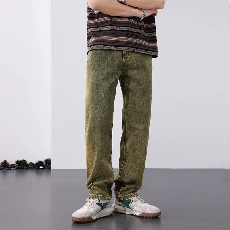 European and American retro loose straight leg high street elastic denim pants wide leg jeans for men baggy jeans men clothing