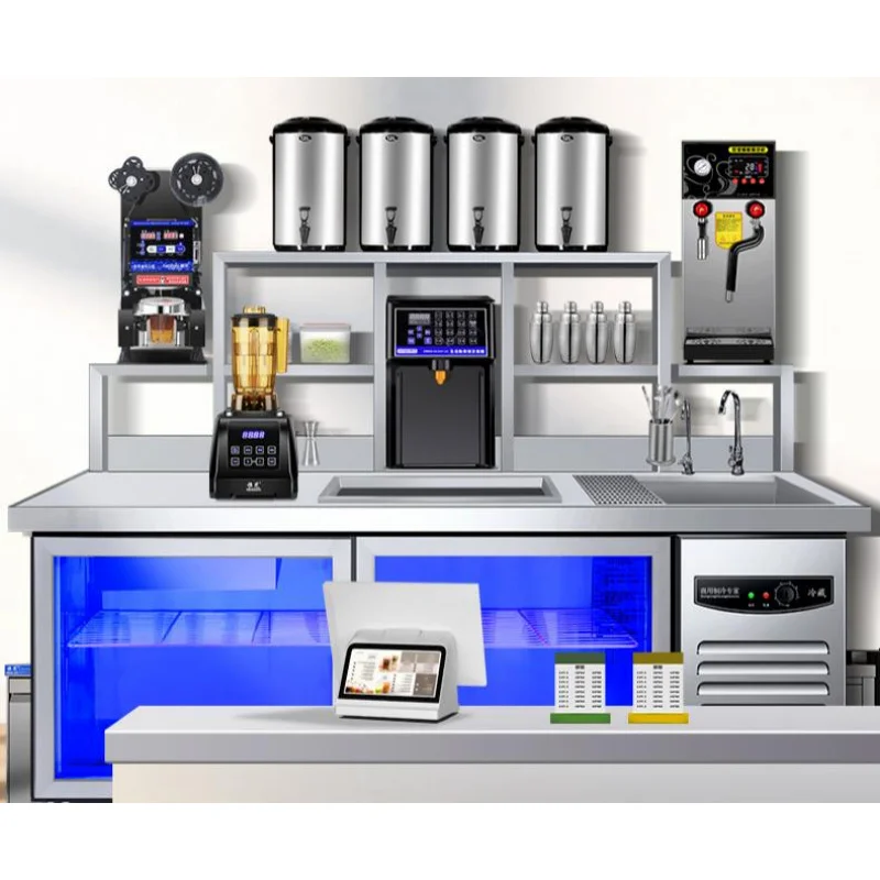 custom.Ruineng Customized Stainless Steel 201/304 Multi-functional Double Milk Tea Worktable Refrigeration Coffee Shop Cou