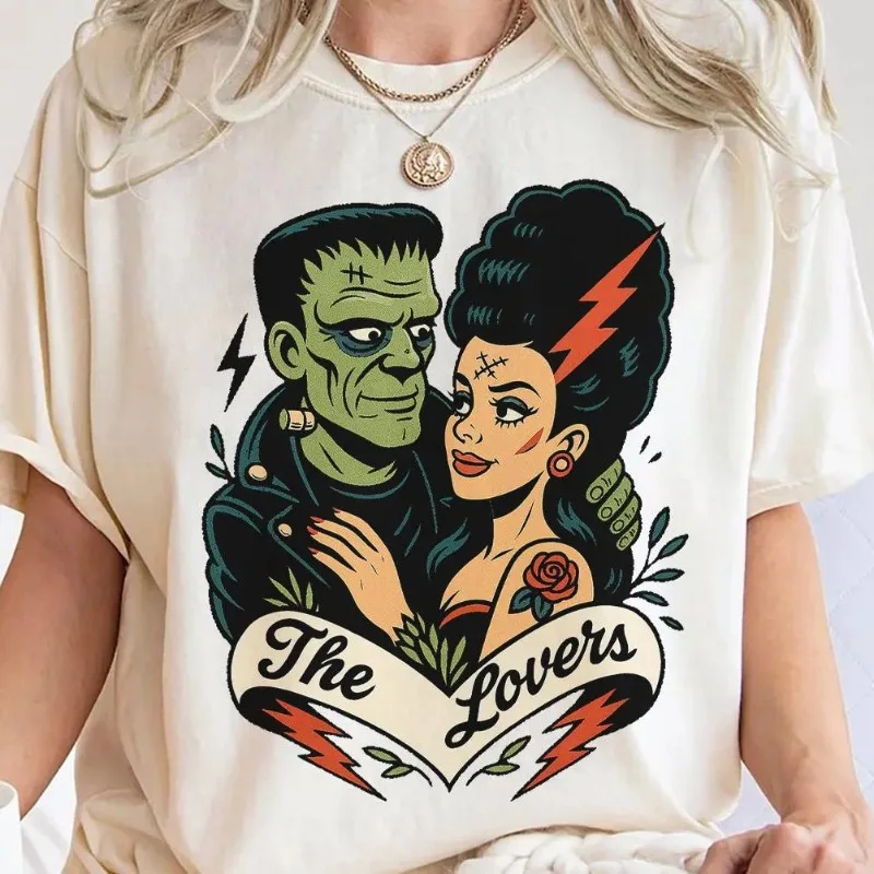 Camiseta Retro de Frankenstein y la Novia de Frankenstein, Camiseta para Mujer, Nueva Moda de Verano, Estilo Casual Urbano Unisex