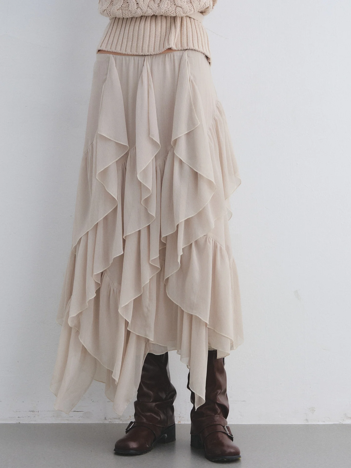 AsGony High Waist Asymmetric Hem Chiffon Skirt Simple Loose Fit Daily Wear Office Commute Korean Style Elastic Waist Skirt