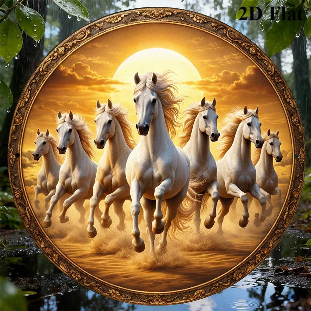 2D Flat, 1pc 8x8in/20x20cm 2D Flat Round Sign, Vintage Plaque Featuring Eight Galloping Horses, Galloping Horses Decorative Sign