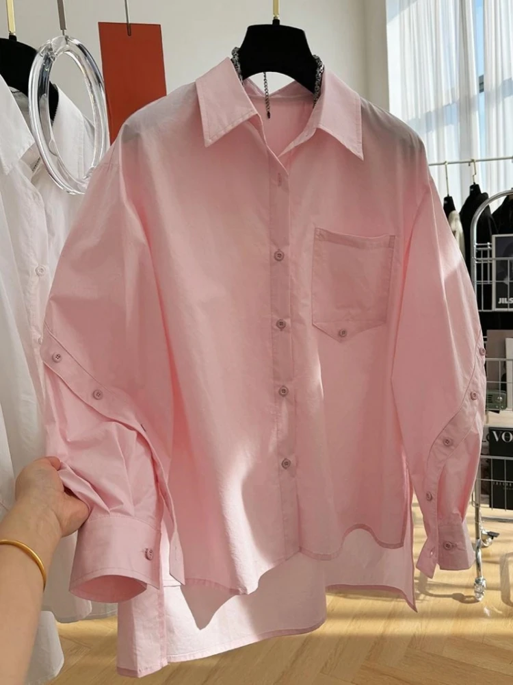 Office Lady Casual Elegant All-Match Shirt Irregular Loose Shirts Summer New Solid Color Button Pocket Shirt