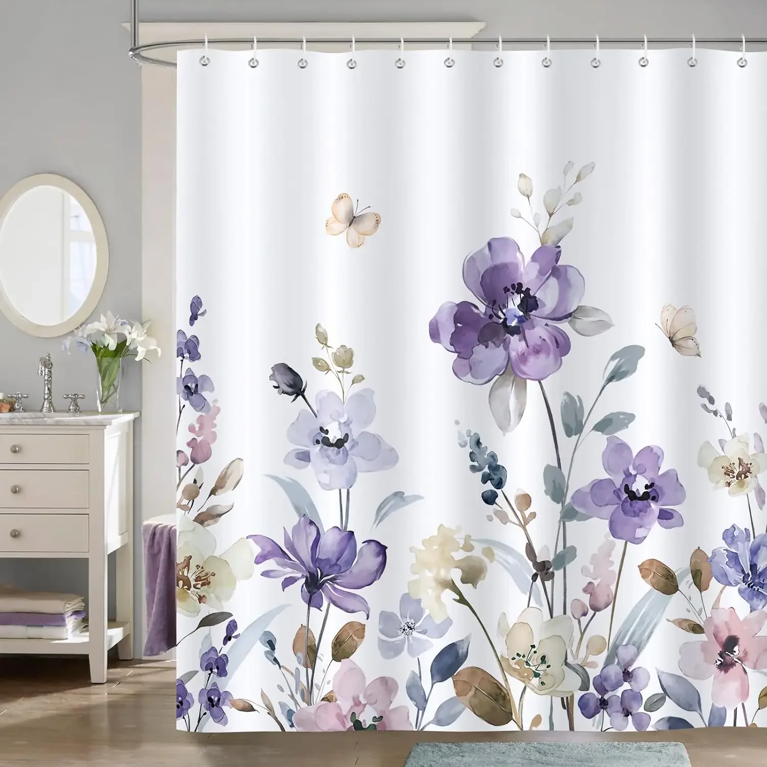 Purple Floral Shower Curtain Watercolor Flower Leaves Wildflower Polyester Fabric Washable Shower Curtains Bathroom Decoration