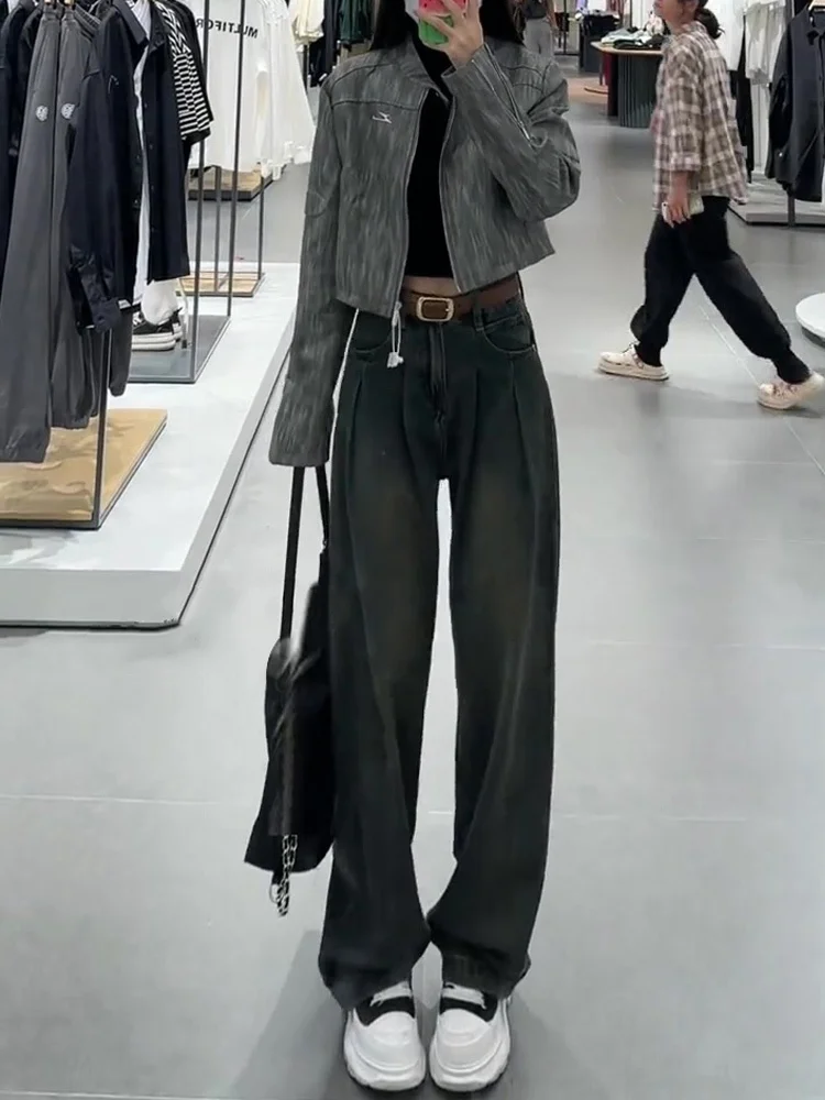 

Выцветшие цементные широкие джинсы с высокой талией, женские осенне-зимние свободные прямые брюки длиной до пола