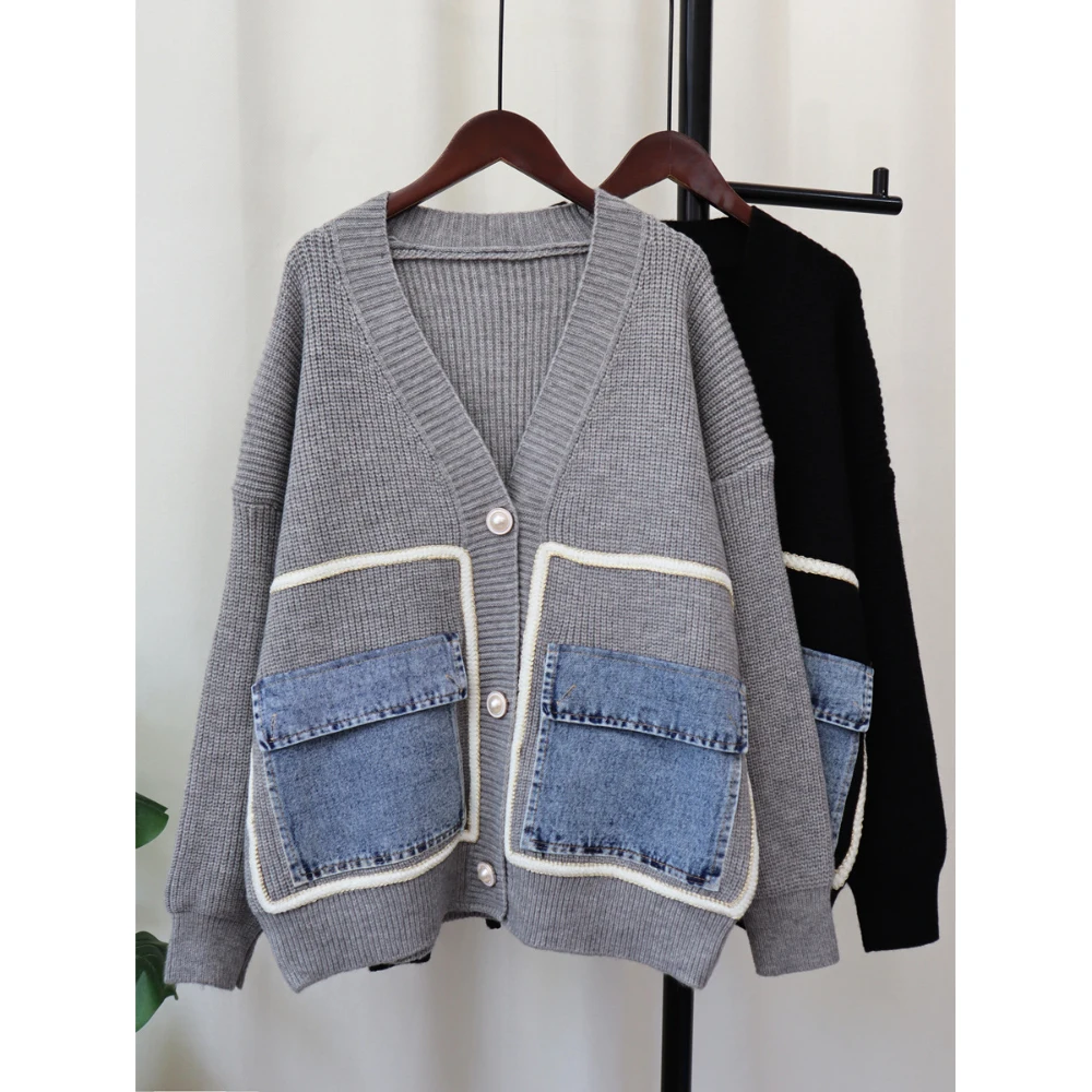 2024 Autumn Winter Sweater Cardigans Casual All-Matched Loose Denim Patchwork Pockets Single Breasted V-Neck Knitted Outerwears