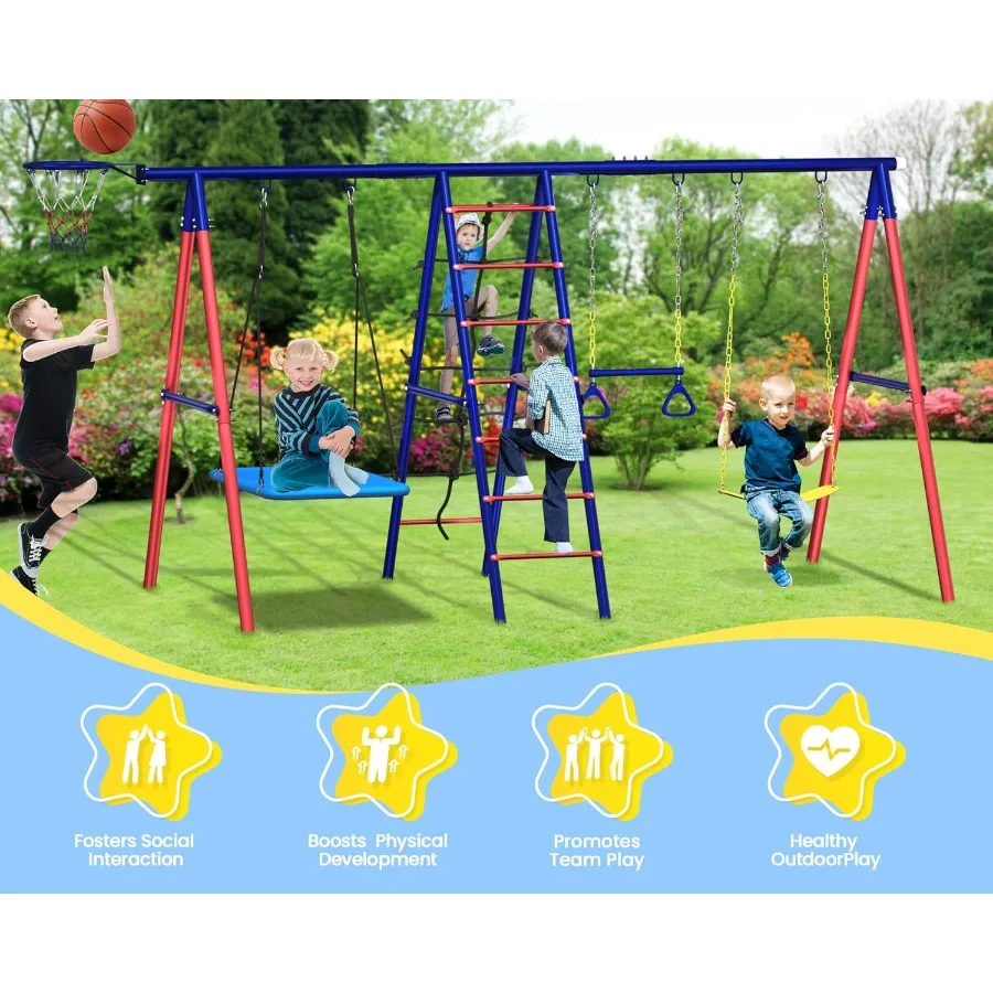 مجموعة أرجوحة معدنية شديدة التحمل 6 في 1 للعب في الهواء الطلق في الفناء الخلفي للأعمار 312 تتميز بموقتين لشبكات حبل سلم التسلق ترابيز B