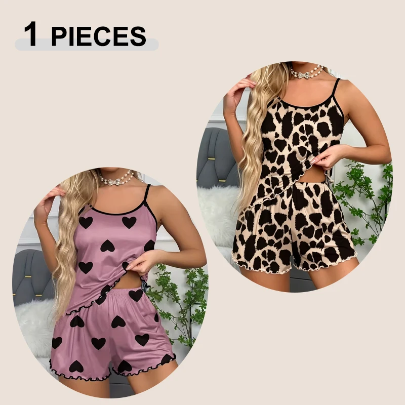 New Women's Leopard Print Printed Sleeveless Suspender Top and Shorts Summer Seamless Ice Silk Loungewear Casual Home Pajama Set