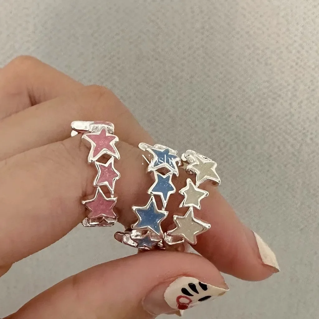 New Fashion Colorful Enamel Pink Star Rings for Women Girls Cool Sweet Y2K Blue Twisted Star Open Ring Party Gifts Jewelry