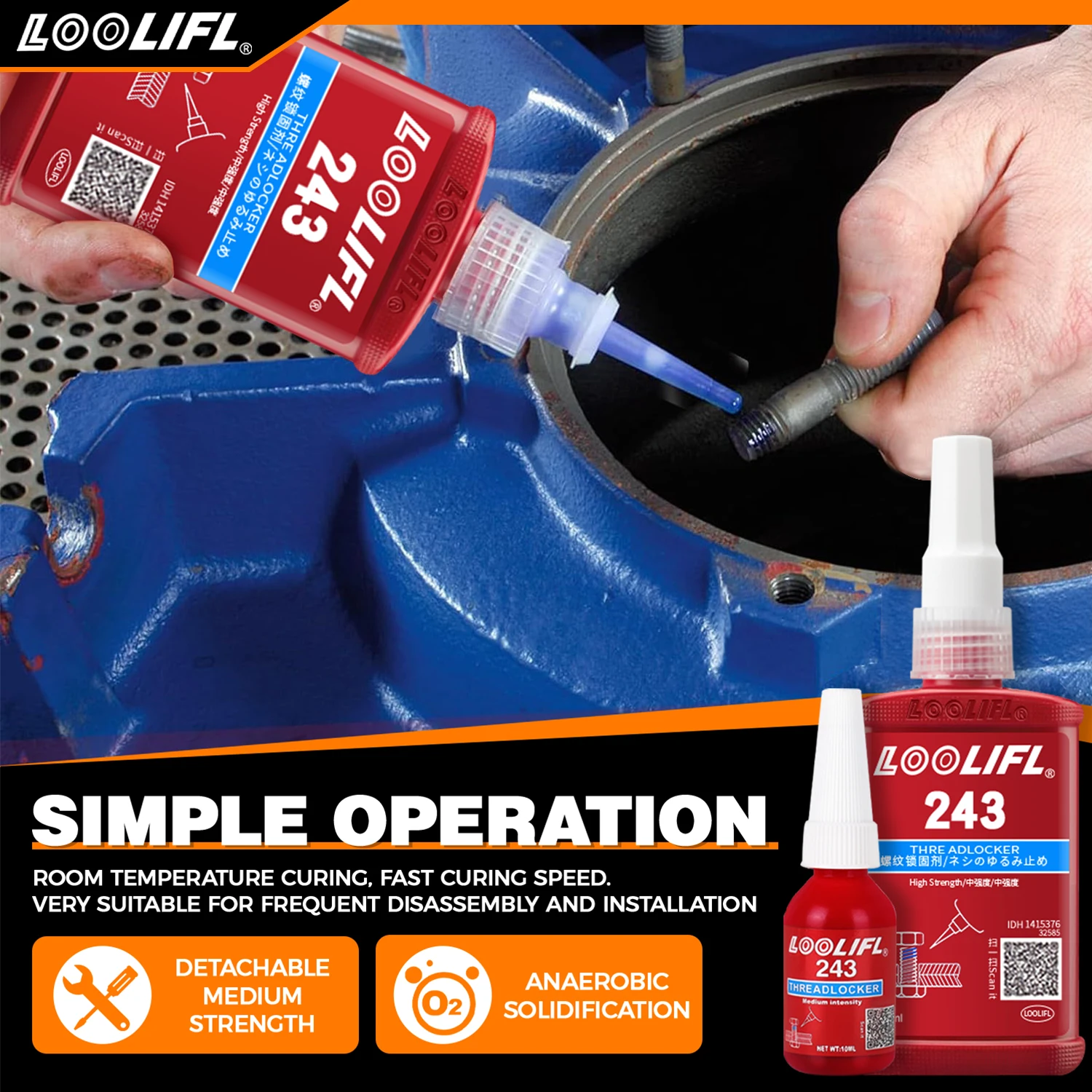 LOOLIFL 243 Mittelstarke Schraubensicherung im Großhandel – abnehmbarer Klebstoff für Muttern, Bolzen und abnehmbare Gewindebaugruppen