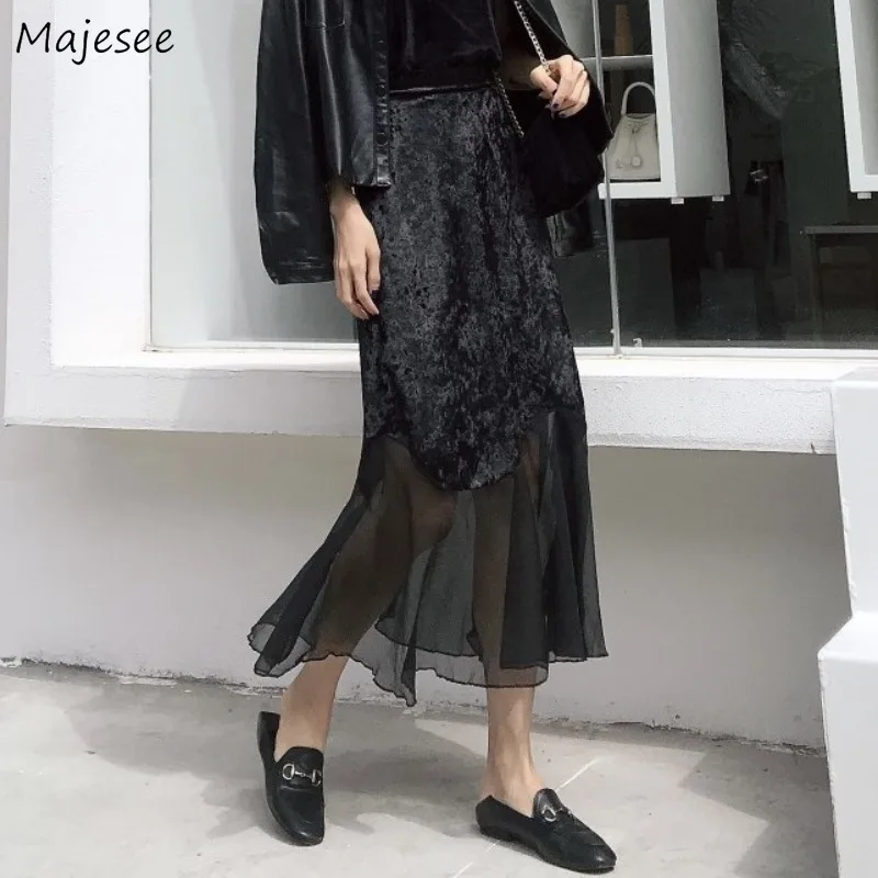 

Vintage Velvet Spliced Trumpet Skirts Women Ruffles Elegant Temper Midi Skirt Autumn Winter Feminine New Stylish Classy Faldas