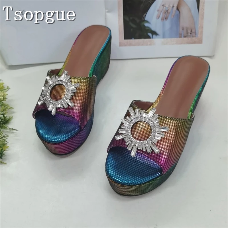 Women's Rainbow Gradient Wedge Slide Sandals with Sparkling Sunflower Crystal Ornament Summer Beach Party Casual Mules