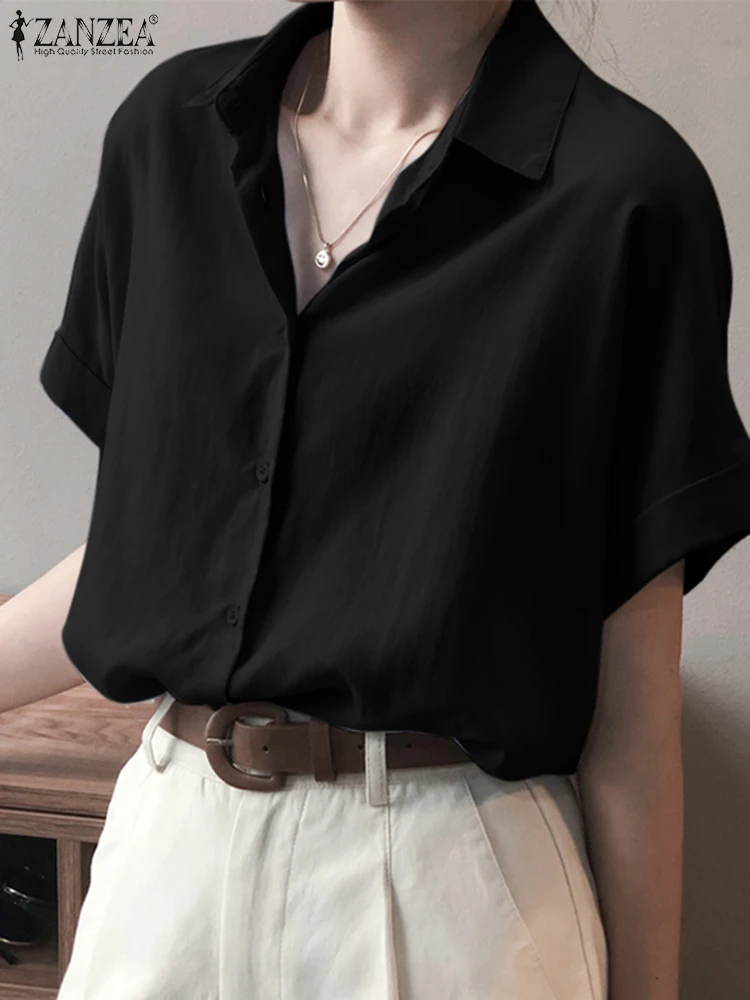 Elegant Women Solid Shirt Summer Lapel Neck Short Sleeve Blouse ZANZEA Fashion Office Work Blusas Female Loose Tunic Tops 2023