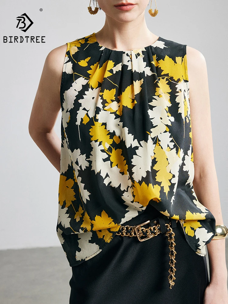 

BirdTree-100%Real Silk Double Crepe Elegant Shirt, O Neck Sleeveless Print, Women French Loose Blouse, 2026 Summer New T64894CC