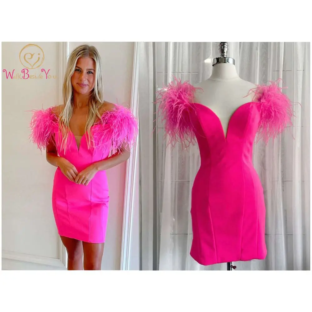 

Pink Prom Dress Feather Satin Off Shoulder Sweetheart Sheath Short Mini Cocktail Dress Formal Party Graduation Gown Evening