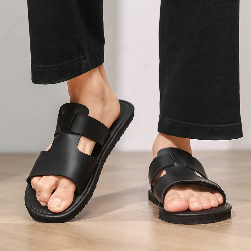 

Мужские тапочки из натуральной кожи, мягкие и удобные, с нескользящей подошвой, верх из высококачественной воловьей кожи, элегантные повседневные сандалии для мужчин.