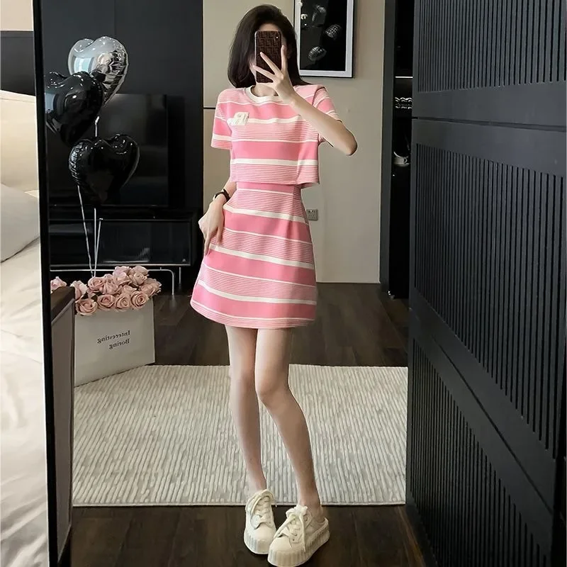 Women Summer Striped Dress Imitation Two-piece Set Sweet Chic Dress T-shirt Style Short Skirts Pink Dress Cottagecore Clothes