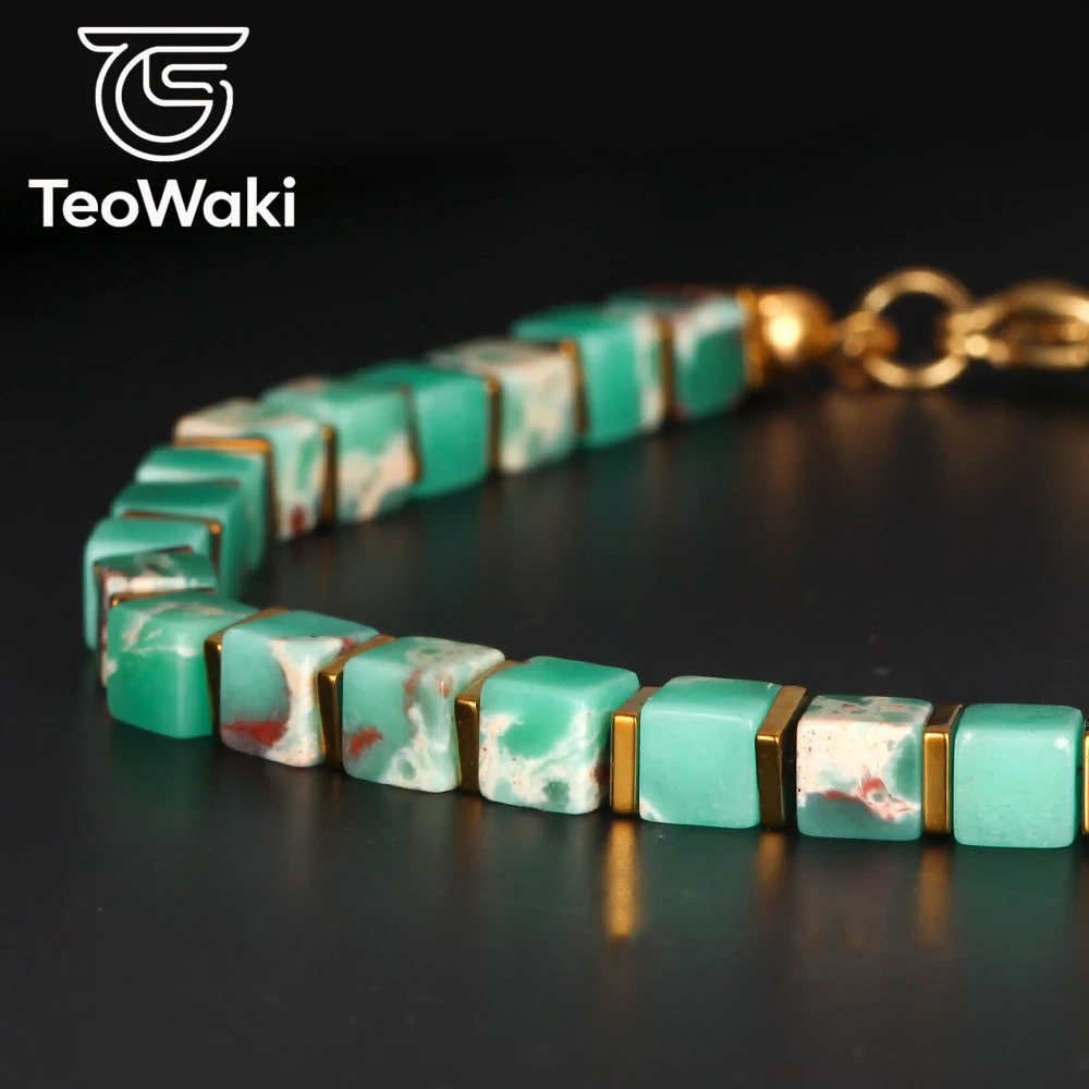 TeoWaki Ink Green Shoushan Stone Bracelet For Men Reclaim Your Confidence Natural Beaded Healing Chain Bracelets Jewelry 17+5cm