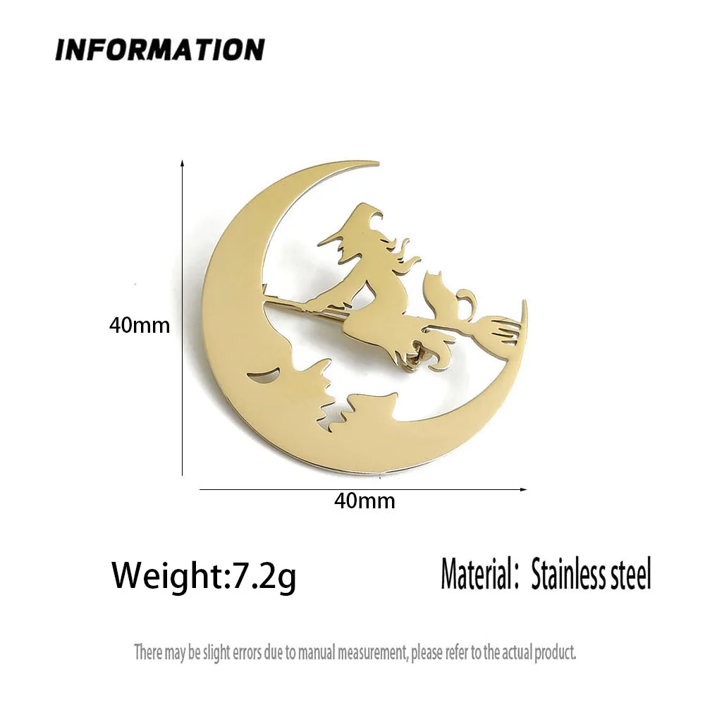 Original design Moon and Witch gold-plated stainless steel brooch, waterproof and colorfast pin, suit accessories