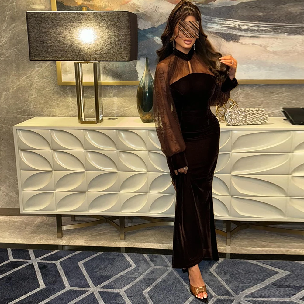 

Graceful Lace Long Sleeves Prom Dresses Soft Velour Mermaid Evening Dress Luxury O-Neck Zipper Back Customized Celebrity Gown