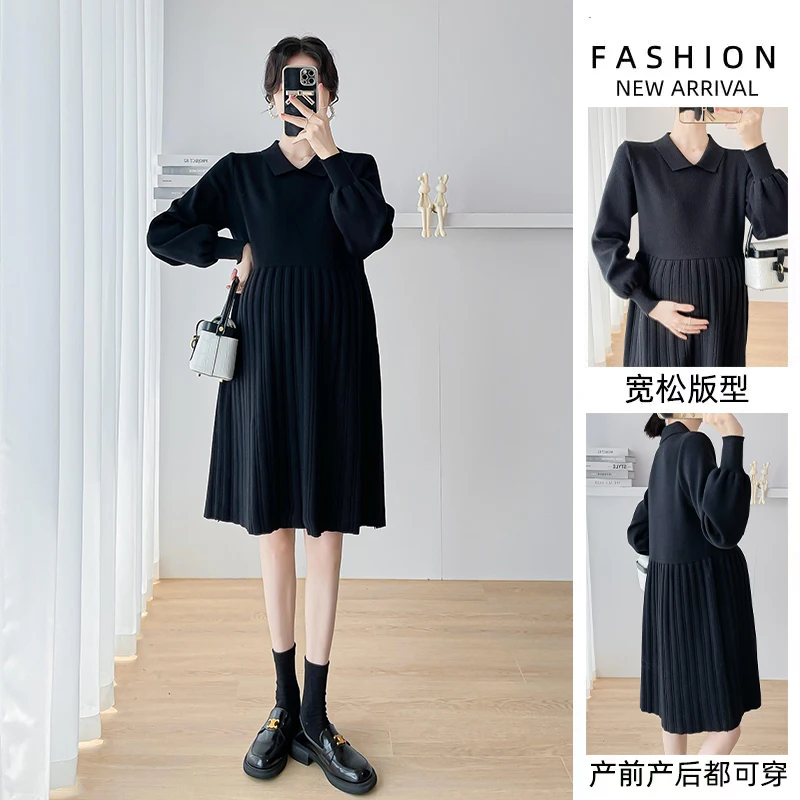 2330# 2023 New Autumn Winter Knitted Maternity Sweaters Dress Loose Straight Clothes for Pregnant Women Casual Sweet Pregnancy