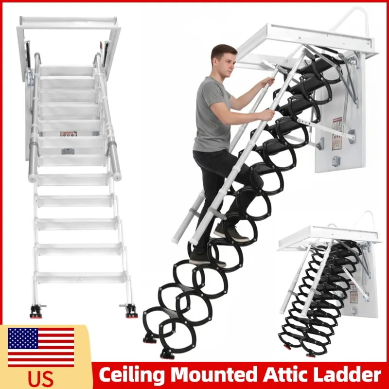

Потолочная лестница для чердака, грузоподъемность 660 фунтов, скрытые ступени, выдвижная лестница для гаража/кровли/подвала с поручнем