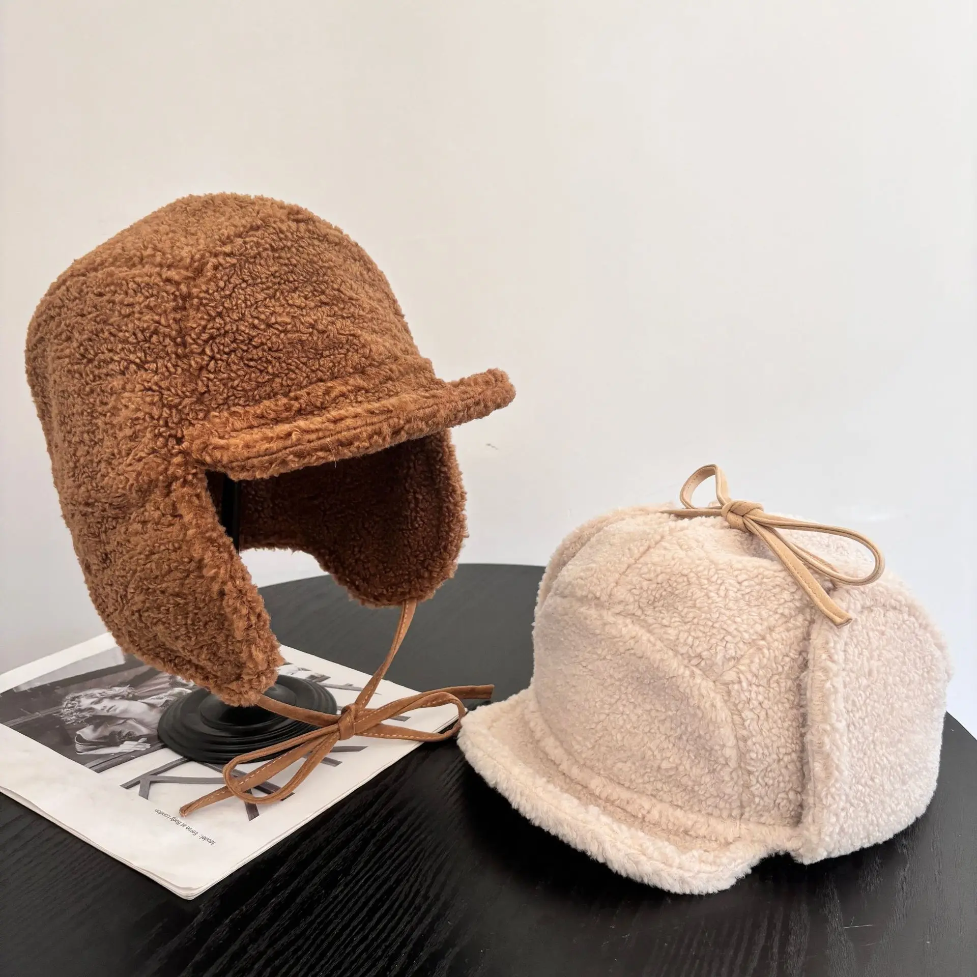 synthetic-sherpa-hats-for-women-autumn-winter-caps-with-brim-plush-soft-bomber-hats-with-ear-flaps