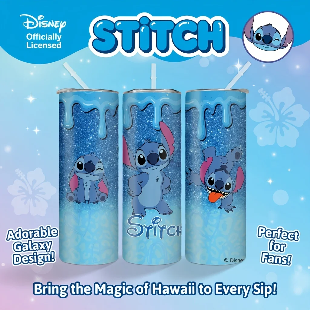 1pc 20oz Disney Stitch Glitter Drip Tumbler Insulated Stainless Steel Cup with Straw for Hot Cold Drinks Perfect Holiday Gift