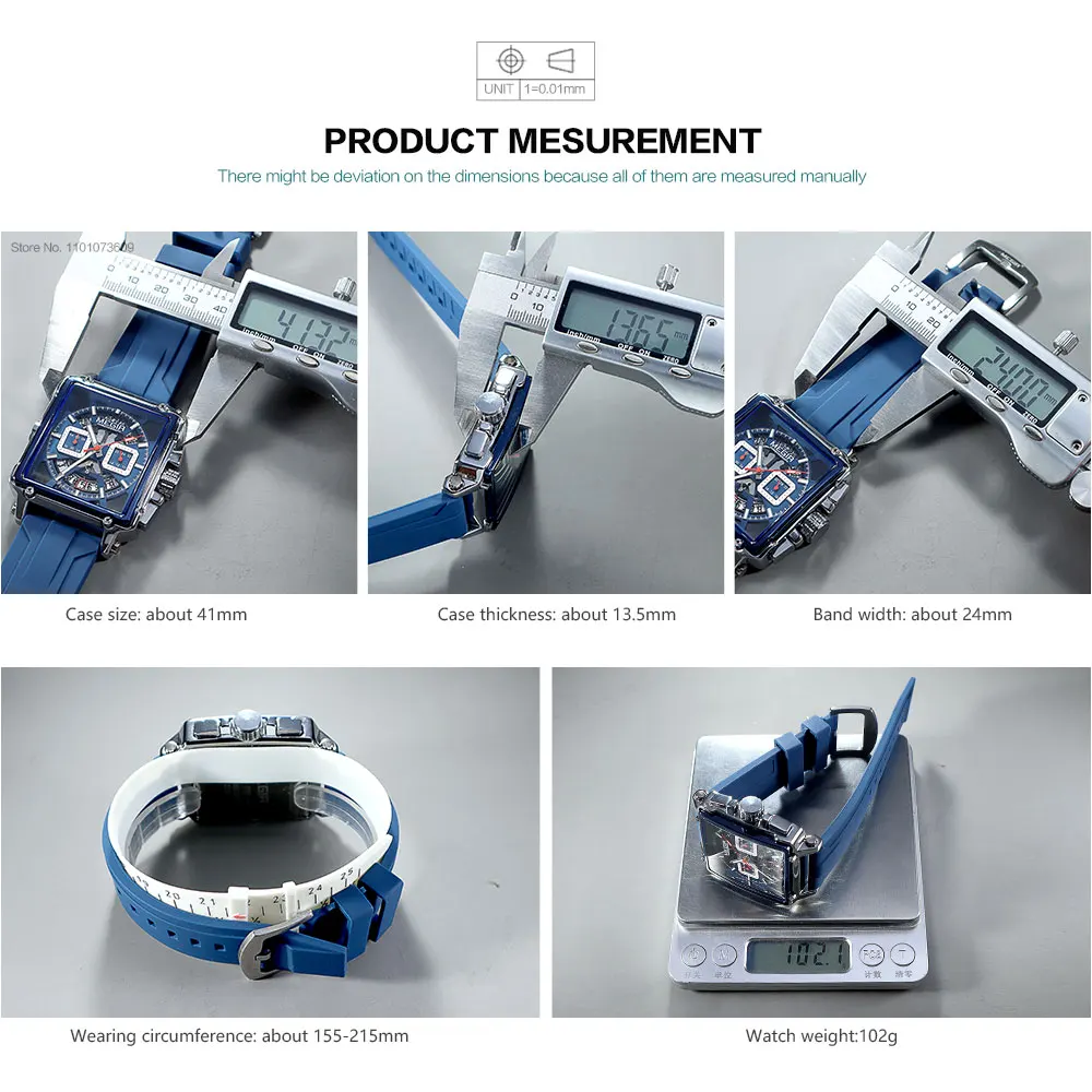 ساعة Megir-Megir كوارتز زرقاء كحلي للرجال ، كرونوغراف مقاوم للماء ، يد مضيئة من السيليكون ، قرص مربع ، تاريخ ، علامة تجارية مميزة ، موضة ،