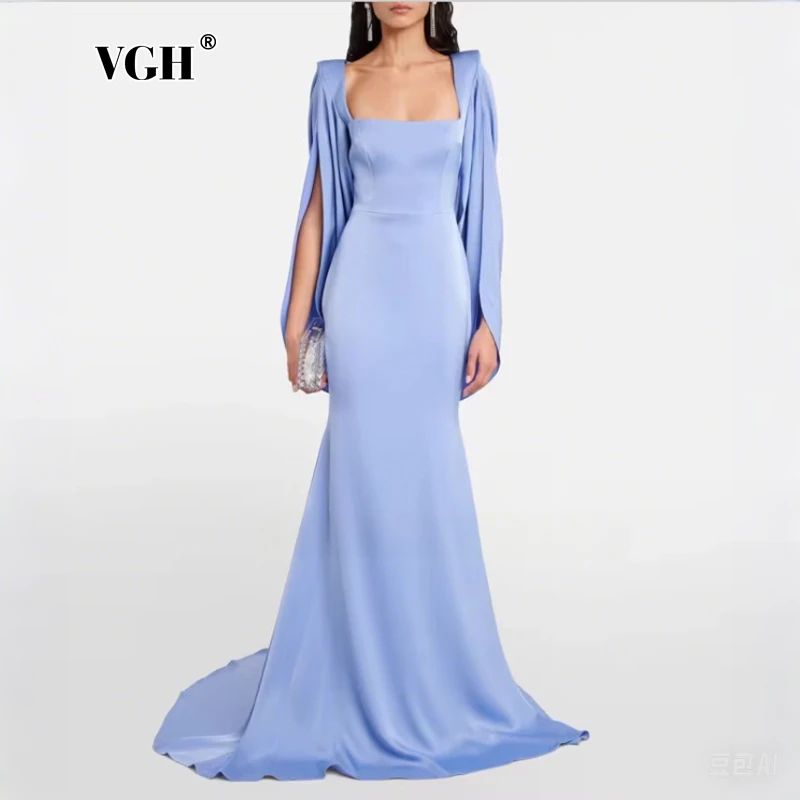 VGH High Design Slimming Fishtail Skirt for Women Square Collar Long Sleeve Split High Waist Catwalk Evening Dresses Female New