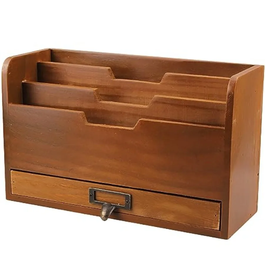 

Деревянный органайзер для рабочего стола в деревенском стиле - вертикальный файловый органайзер с 3 отделениями и 1 выдвижным лотком для бумаг - из древесины красного дерева