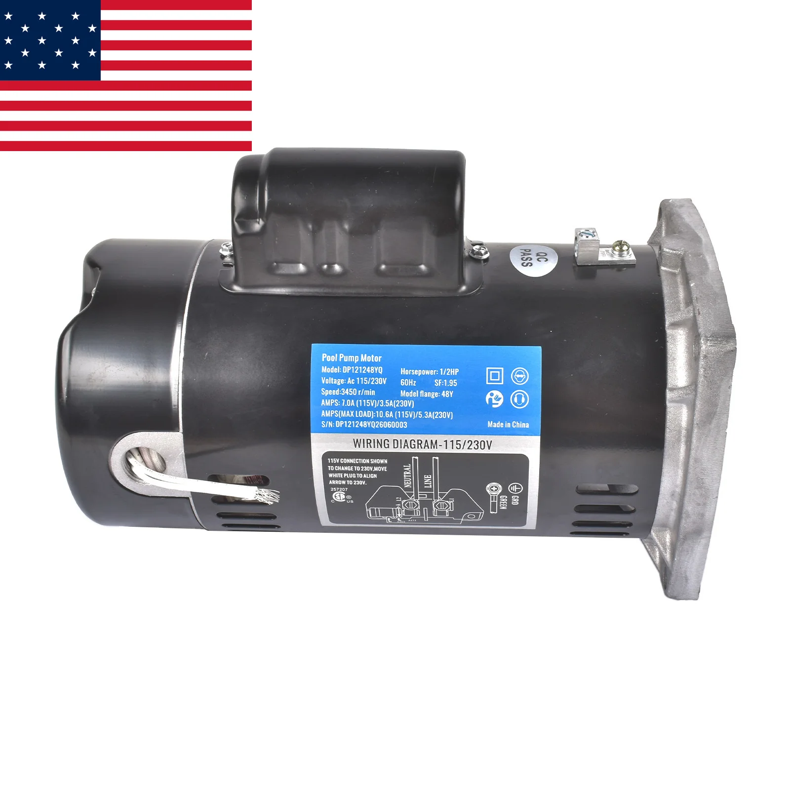 AP03 SQ1052 1/2 HP Square Flange Pool Motor, 3450 RPM, 115/230V, 48Y Frame, 1.9 Service Factor Capacitor Start Swimming Pool Pump Motor