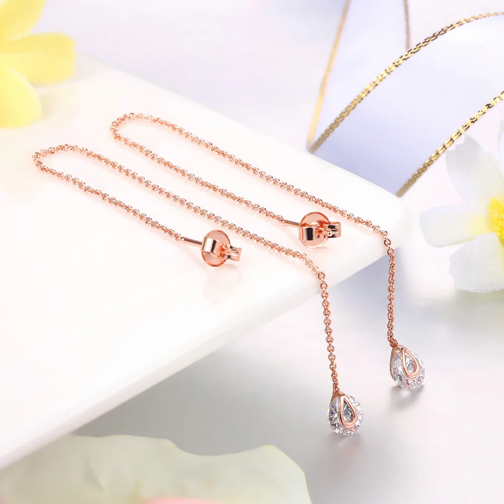 Long Hanging Drop Line Earrings For Women Rose Gold Color Zircon Crystal Piercing Threader Earing Ear Accessories Jewelry