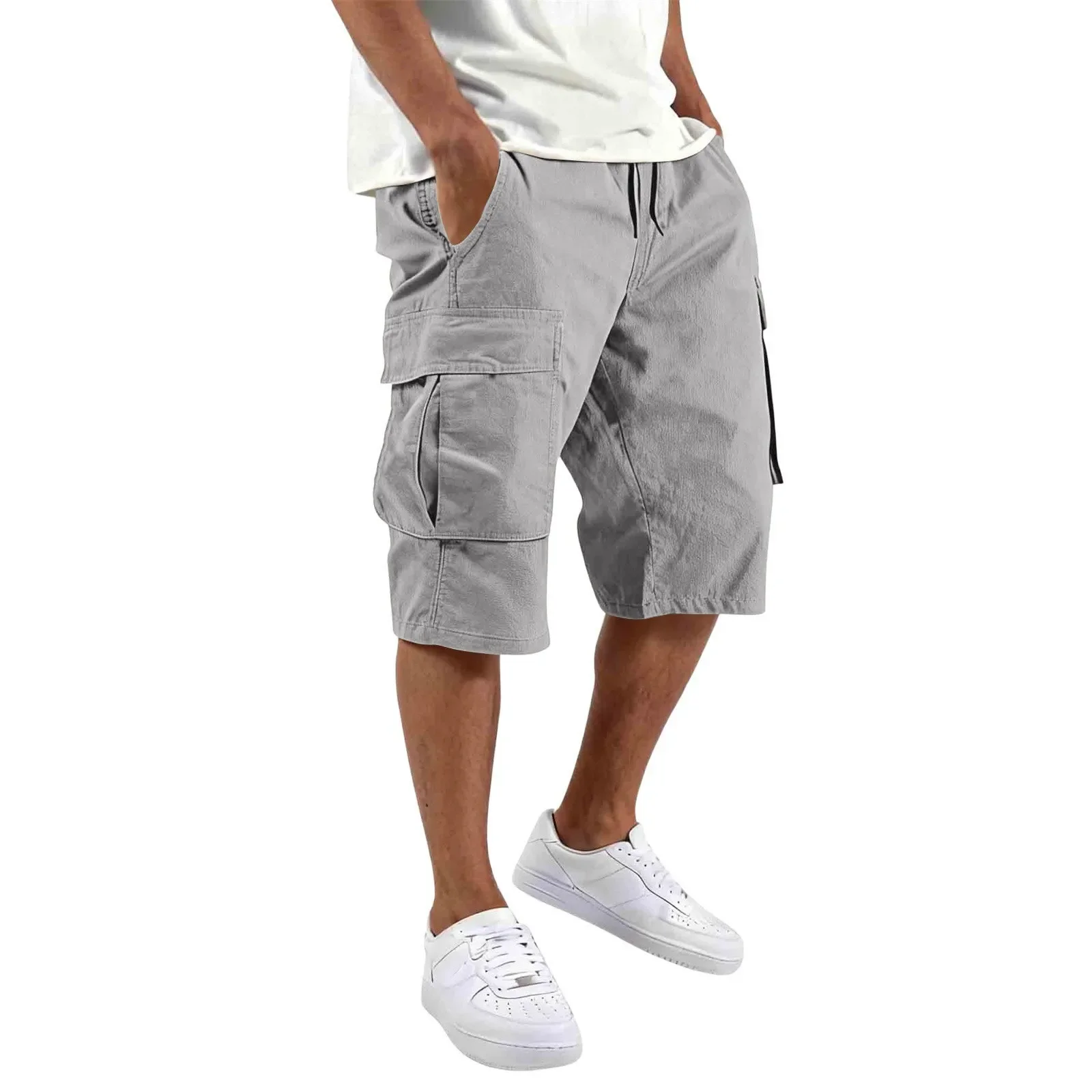 Immagine 6: Nuovi pantaloncini da uomo estivi 2026, pantaloncini casual con molte tasche, pantaloncini da uomo alla moda in tinta unita, pantaloni da lavoro con coulisse