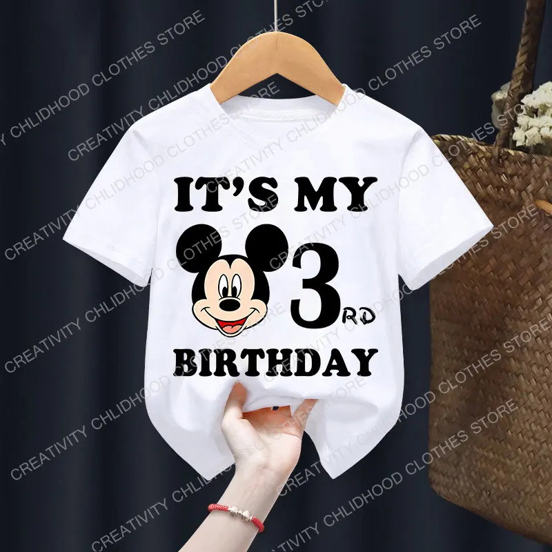 Disney-Camiseta infantil de mickey mouse, desenhos animados kawaii, camiseta casual, roupa de aniversário, número 1-9, bebezinho, menino, menina,