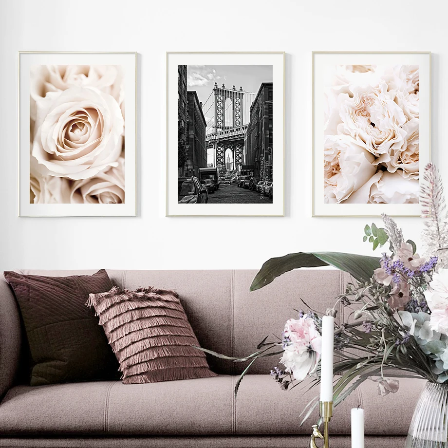 Vintage Chic Black White Wall Art London Bridge Landscape Woman Flower Canvas Painting Living Room Home Decor Classic Poster